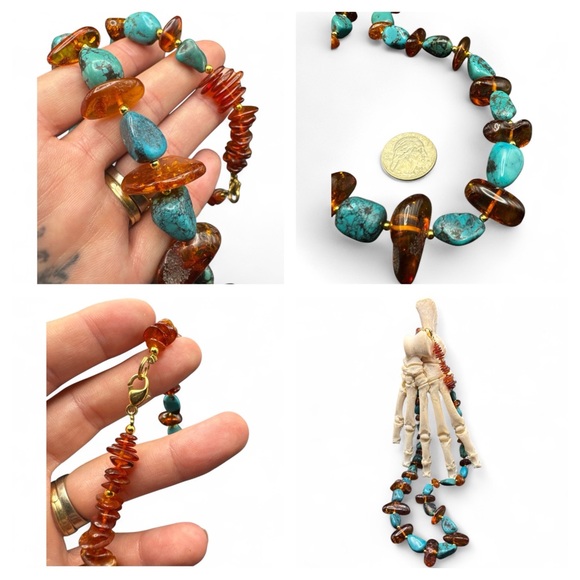 Vintage Sterling Southwest Turquoise & Baltic Amber Necklace 28” & Earring Set - Picture 2 of 6